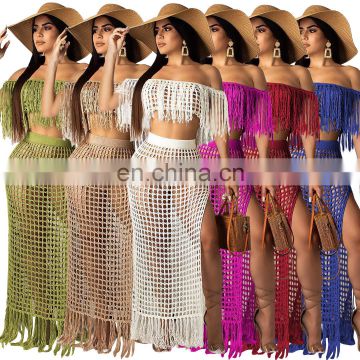 Summer Crochet Dress Beach Wear 2 Piece Crop Top And Skirt Set For Women Long Sleeve Tassels Slash Neck Two Piece Knit Sets