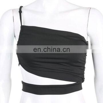 Hot Wholesale Women's Ladies Sexy Irregular One Shoulder Hollow Out Backless Crop Top photo-4