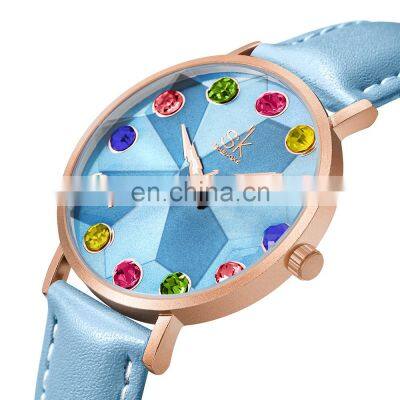 SHENGKE SK Woman Watch Drop Shipping Watches K0157L Blue Leather Wristwatch Japan Quartz Movement 2035 Big Stone Bling Dial photo-2