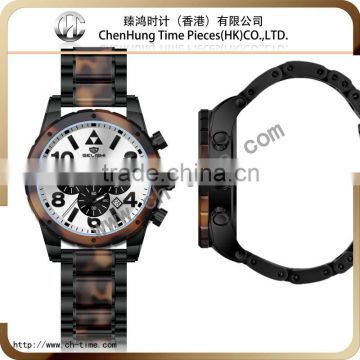 Elegant tortoise acetate stainless steel men 10 atm waterproof chronograph sport watch