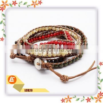 2016 Red Leather Wrap Bracelets with natural coral stones wholesale