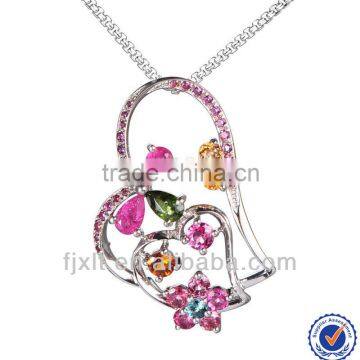 925 Sterling Silver Multi Color Tourmaline Two Hearts Together Pendant