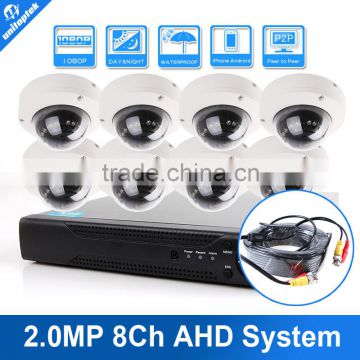 8CH 2.0MP AHD HD CCTV Security 1080P Dome Output AHD Camera DVR System Kit HDMI&VGA Remote View+8PCS Outdoor IR 10M AHD Camera