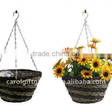 Brushwood and Green rope flat bottom hanging planter - Brushwood flower basket - hanging flower pot