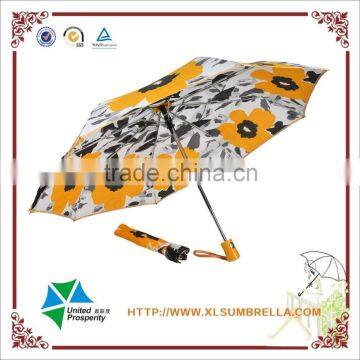 yellow flower 3 fold automatic lady umbrella with lace pouch