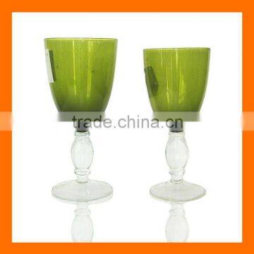 Hand made green colored wine glass,thick stem wine glass