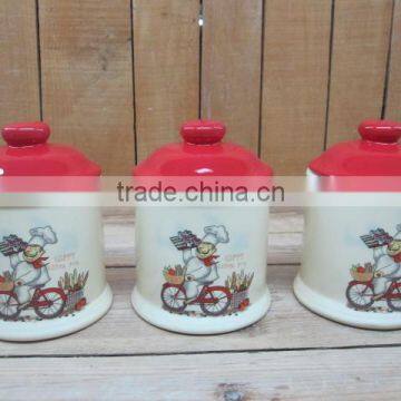 Wholesale Chef Decal Ceramic Tea Coffee Sugar Canisters Set with Red Lid