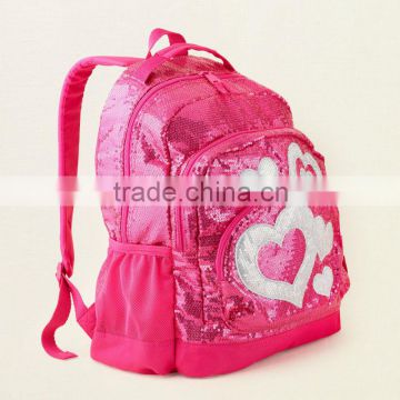 2013 gril fashion polyester sequin heart school backpack