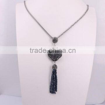 Clover Pendant Beads Tassel Necklace, Gem Stone Druzy Pendant, With Crystal Paved Crystal Tassel Jewelry, Stone Chain Necklace