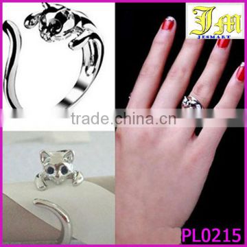 Payment Asia Alibaba China Punk Cute Womens Sizable Silver Plated Kitten Cat Animal Crystal Eyes Ring