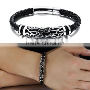 Fashion Mens Jewelry Customrized Logo Stainless Steel Beads Leather Bracelet photo-4
