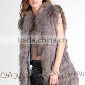 CX-G-B-203 Long Genuine Ladies Rabbit Fur Vest With Racoon Fur Trim ~ Casual Wear photo-2