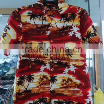 MENS RED/YELLOW 100% COTTON COCONUT TREE PRINTED HAWAIIAN SHIRT SUMMER SHORT SLEEVE SHIRT