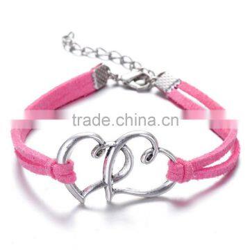 2PCs Silver Plated Double Heart Love Faux Suede Leather Cord Charm Bracelets