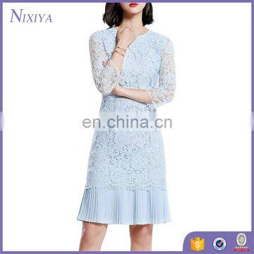 China Manufacturer Pleatd Hem Light Blue Lace Slim Dresses For Women