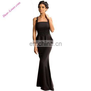 Black Floral Applique Mesh Insert Sleeveless Sexy Evening Long Dress