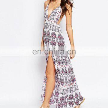 OEM Service China Factory Maxi Long Floral Plunge Spaghetti Strip Cross Back Side Split Beach Trendy Dress 2017 photo-2