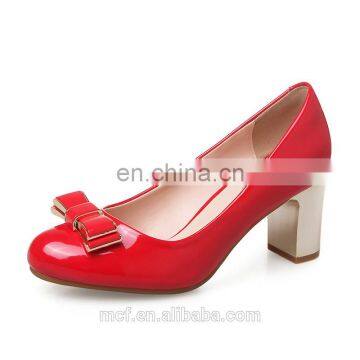 MCH-2392 New style 2017 fashion red women wedge chunky heels shoes round toe high heel shoes with bowknot suppliers