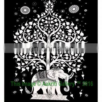 Indian Black and White Double Tree with elephant handmade tapestry for sale 92x82 cotton Tapestry