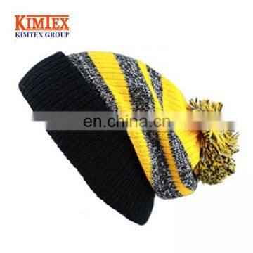 Custom Winter Striped Cuffed Pom Pom Knit Soft Thick Beanie Skully Hat