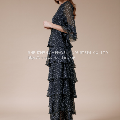 Ladies' 100%silk Chiffon Short Sleeve Ruffler Edge Print Dress photo-2