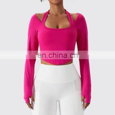 Sexy Halter Neck Long Sleeve Sports T Shirt Women Custom Logo Sports U Hem Skinny Thumb Hole Tops