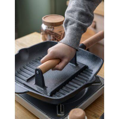 Burger Press Cast Iron Smash Bacon Press Round & Rectangle Cast Iron Grill Press With Wooden Handle for Blackstone Griddle photo-4