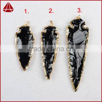 3.5~4.5 Inch Large long gold electroplated black obsidian arrowhead pendants jasper arrow head pendants