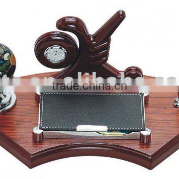 wooden desktop set,notepad,sign pen,globe,clock