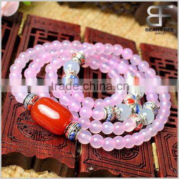 Bear Free Jewelry Multilayer Tibetan Natural Pink Agate Mala Bead Prayer Wrap Bracelet Necklace