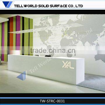 High glossy pure white logo lighted office reception counter front desk modern design