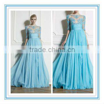 Light Sky Blue Lace Top Half Sleeve Evening Dresses (EVZU-1009)