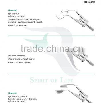 Lieberman Eye Speculum, standard thin solid blades, non-reflective, Ginsberg Eye Speculum flared upper blades