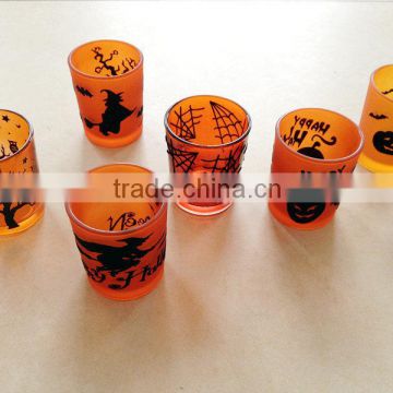 halloween flocking glass candle holder, candle cup, colorful, OEM, home decoration, holiday gift