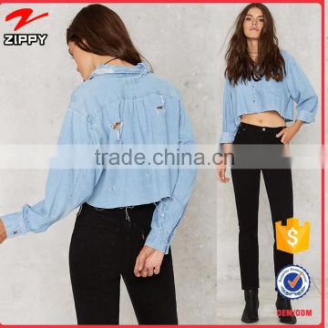 Blue Long Sleeve Denim Crop Tops, Spring Latest Fashion Blouse Design