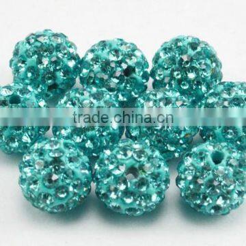 Popular in europe market wholesale 10mm aquamarine color round disco ball jewelry finding shamballa beads with rhinestone