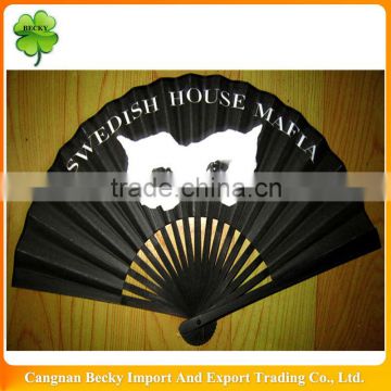 Customization white logo printing black folding bamboo paper hand fans with dyeing fan ribs for summer as promotion gift