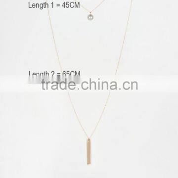 Thin Gold Chain Ball White Pearl Vertical Bar Metal Pendants Double Layers Drop Necklace For Women Costume Jewelry