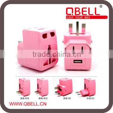 Pink smart universal travel plug with USB charger/electrical plug/adapter