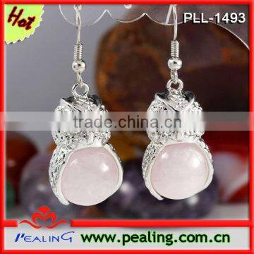 Charm Silver Plated Rose Quartz Stone Crystal Round Beads Owl Shape Dangle Crystal Earrings For Women