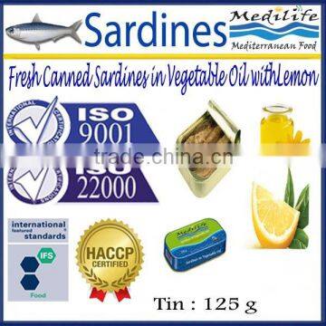 Fresh Canned Sardines in Vegetable Oil, canned Sardines with lemon, High Quality Sardines, Can of Sardines with lemon ,125 g