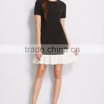 Clothing/women Fashion Dresses/Black Contrast Ruffle Trim Short Sleeve Tee Dress photo-4