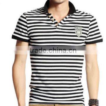 2013 the latest design of men's polo shirt yarn dye stripe with embroidery, black and white stripe sell polo shirts