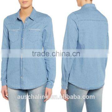2016 New Arrival Ladies Long Sleeve Blue Denim Shirt OEM Service photo-5