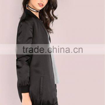 Custom Embroidered Women Longline Satin Bomber Jacket Black Oversized Zip Up Coat With Sides Pockets photo-2