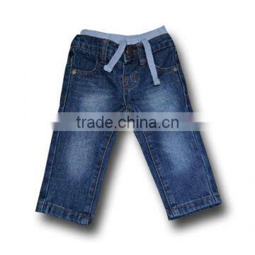 cool washed kids blue jeans with cotton lace-up waistband