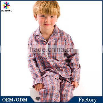 OEM Factory 2015 Long Sleeve Organic Kids Pajamas, Boys Botton Plaid 2 Pieces Children 100% Cotton Pyjamas