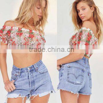 Sexy Mesh Embroidered Floral Tops off Shoulder Ladies Blouse photo-4