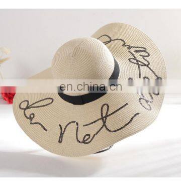 Embroidery Letters Straw Hat Summer Sun Hat Large Brimmed Hat Beach Hat