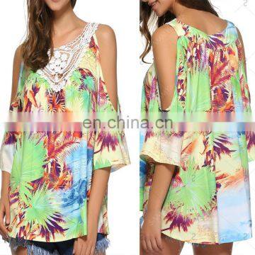 MIKA72069 Tropical Printed Lace Top Blouse Ladies 2017 Open Shoulder Strap Summer Beach Blouse